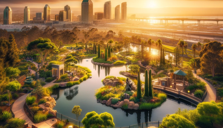 A serene view of San Diego X, featuring a tranquil park with lush greenery, sculptures, and a pond, set against the backdrop of the city's modern skyline under a golden sunset.