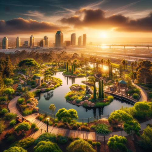 A serene view of San Diego X, featuring a tranquil park with lush greenery, sculptures, and a pond, set against the backdrop of the city's modern skyline under a golden sunset.