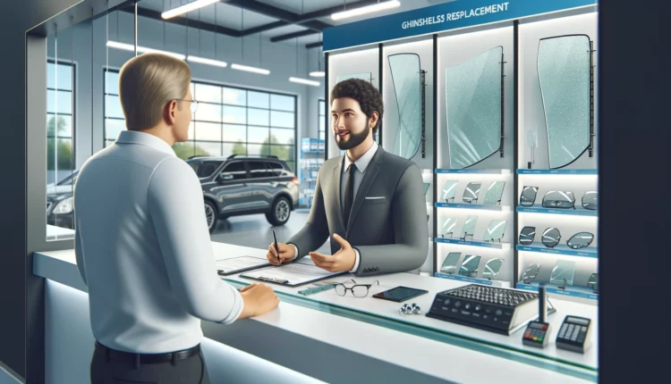Customer discussing windshield replacement options with a service advisor at an auto glass repair shop counter, with product displays in the background.